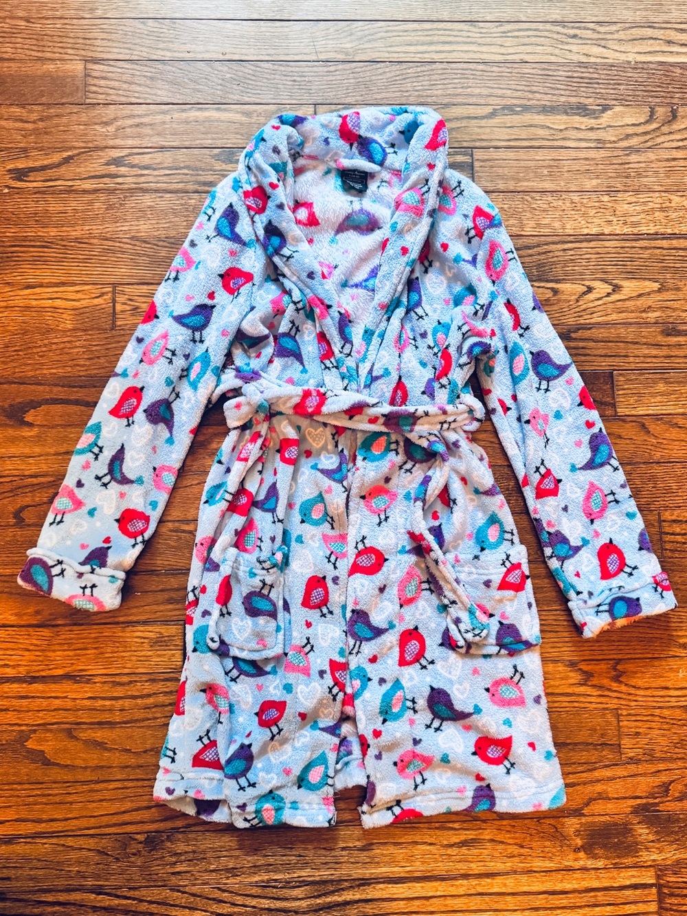 Cozy Kids Bird-Print Plush Bathrobe - Pink/Blue